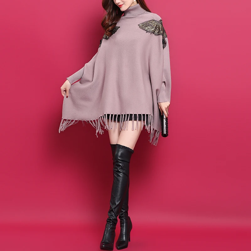 

OEM Roll Neck Double Knitting Tassels Wraps PLus Size Women Animal Glittery Knit Poncho Sweater Cape Pullover Shawls With Sleeve