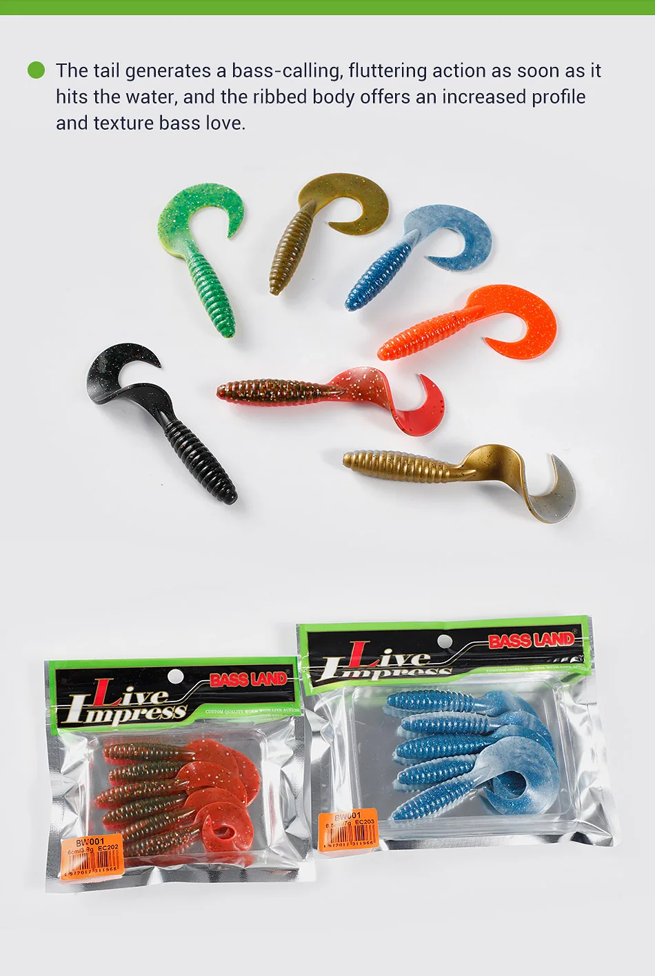 Bassland Silikonköder Grub Wurm 60 mm 85 mm lockiger weicher Angelköder künstliche Jigging-Wobbler Bass Pike Isca Leurre – Detail 8