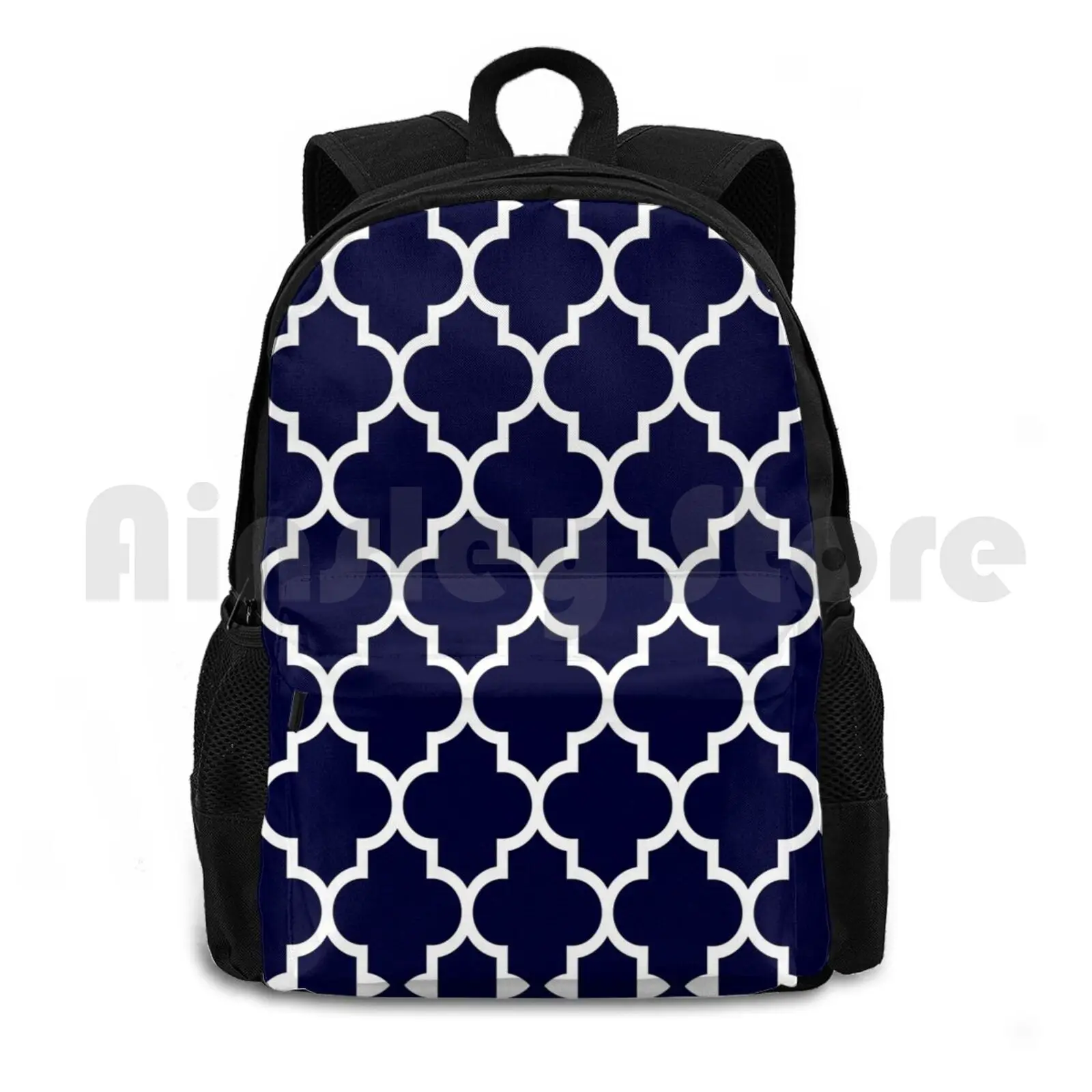 Navy Blue Quatrefoil Pattern Outdoor Hiking Backpack Waterproof Camping Travel Navy Blue Navy Blue Moroccan Pattern Quatrefoil