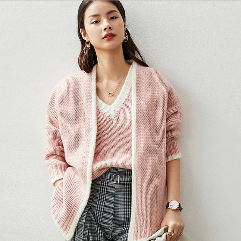 100% Cashmere Cardigan +Vest Two pieces Set Suit Simple Disgan Loose Cardigan 3 Colors Casual Knitwear Fashion