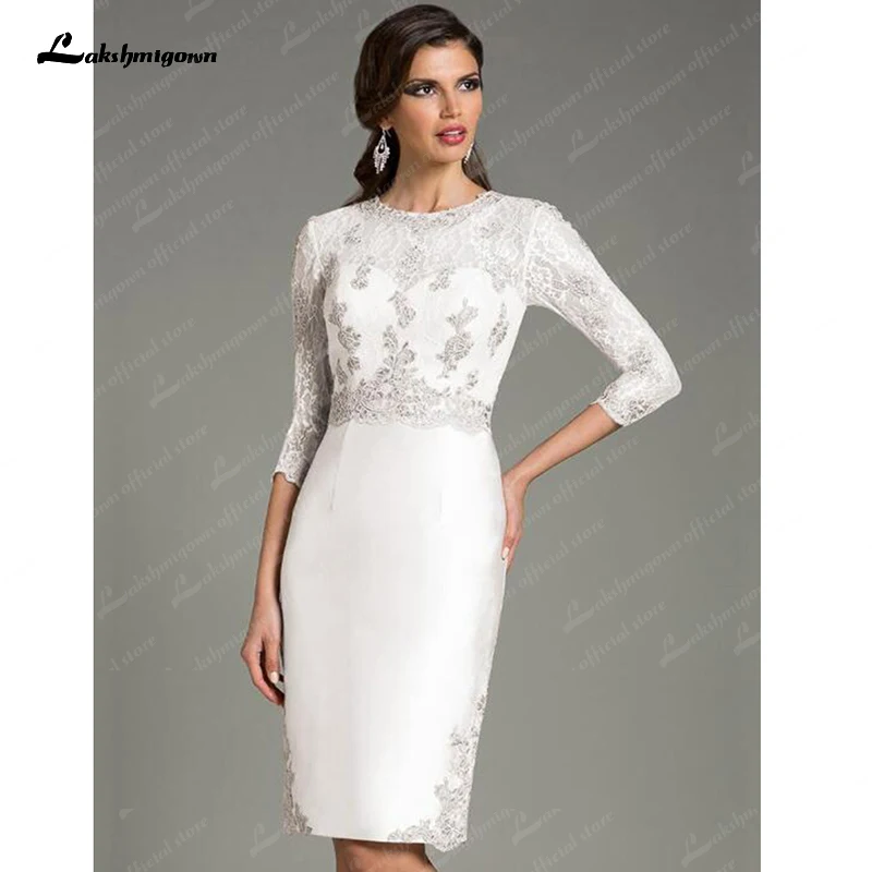Ivory Knee Length Silver Lace Mother of the Bride Dresses Short With Three Quarter Sleeves Wedding Guest Gown vestido de madrin
