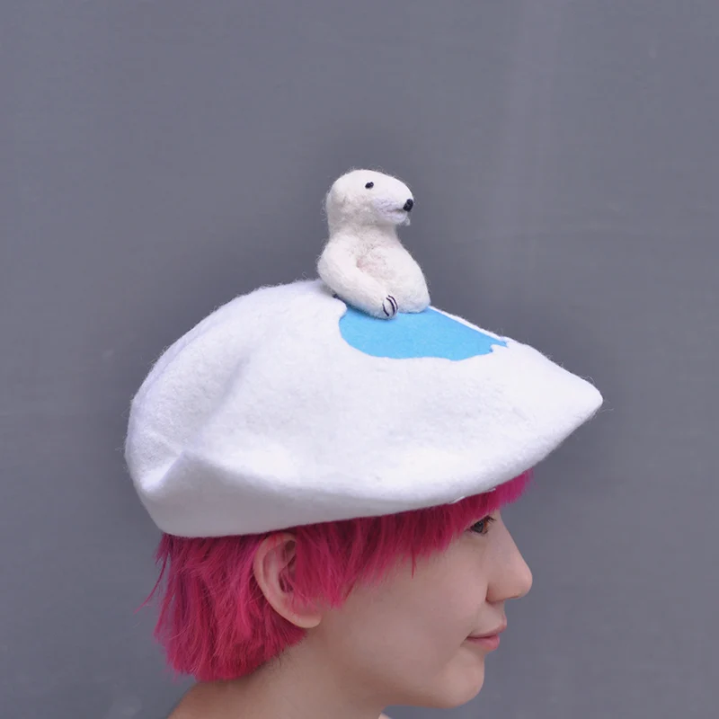 faramita holiday Polar bear bathing in the Arctic handmade 100% wool women kids cute berets 3D womens beret painter hats caps