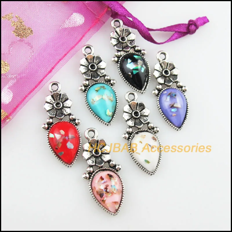 12 New Teardrop Flower Resin Pendants Shivering Mixed Charms Tibetan Silver 13.5x29.5mm