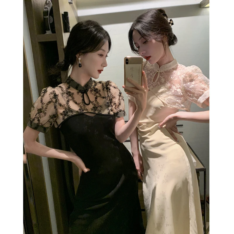 Chinese Cheongsam Traditional Costumes for Women Sexy Dress Slim Hollow Out Dresses Elegant Lace Summer Solid Color Wedding