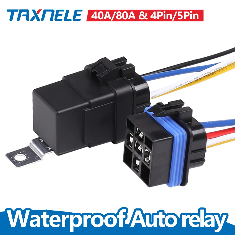 Automobile Relay Waterproof Integrated Wired DC12V 24V 40A 5Pin 4pin Auto Relay + Holder with 105mm Length Wires