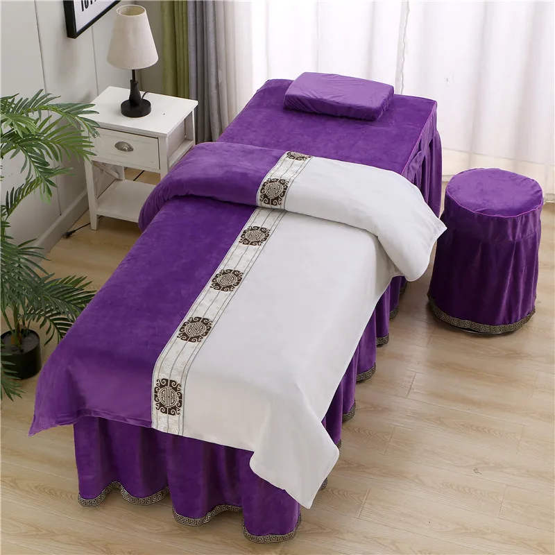 Velvet Warm Bedding Set for Beauty Salon, Thicken Massage Spa Use, Bed Linens, Duvet Cover, Bed Skirt, Quilt Sheet, Winter, 4Pcs