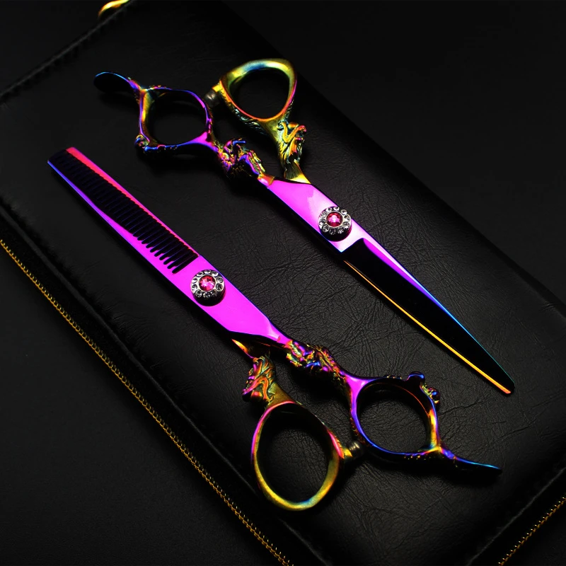 Customize logo JP 440C steel 6 '' rainbow dragon hair scissors haircut thinning barber hair cutting shears Hairdresser scissors