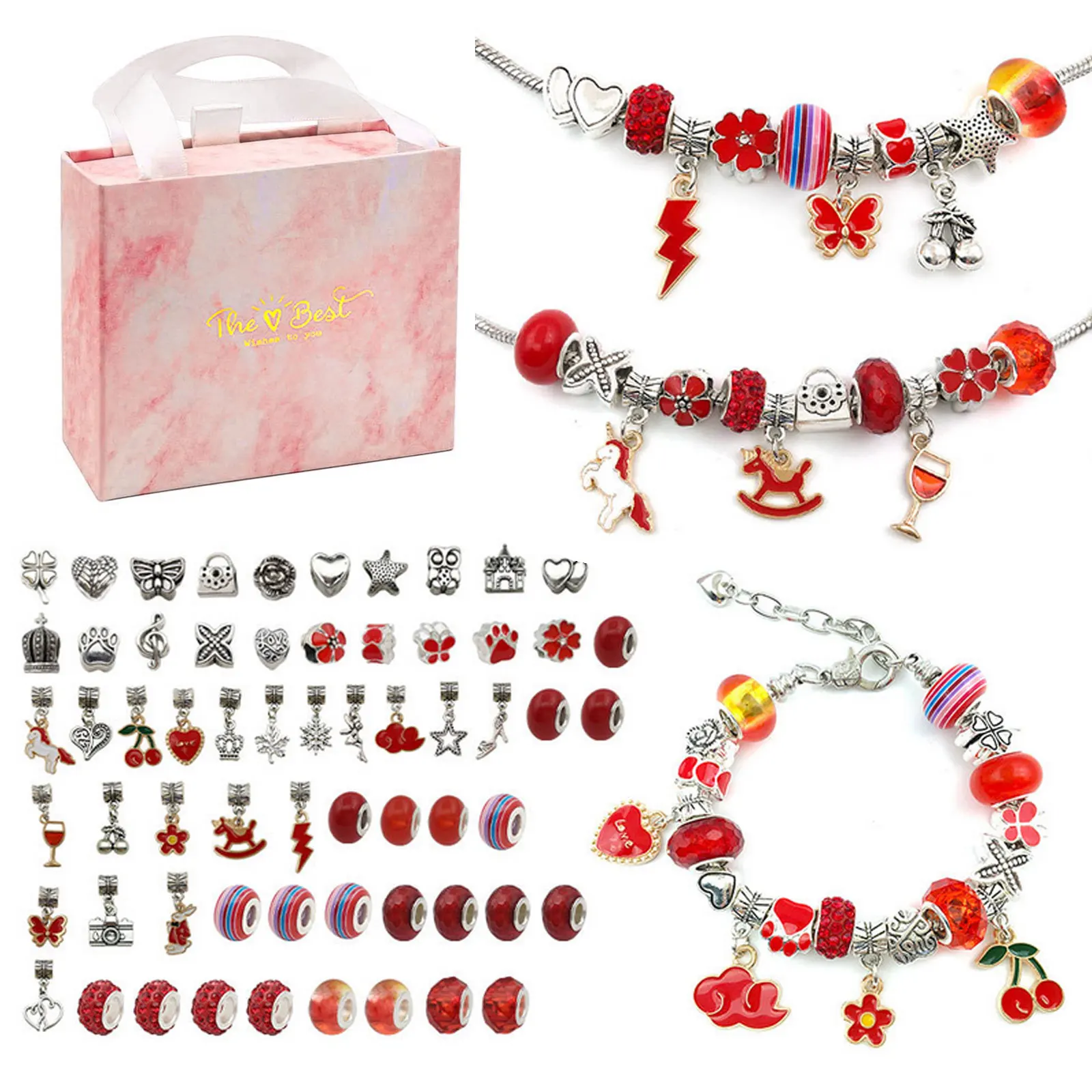 64 PCS DIY Charm Bracelet Necklaces Jewelry Making Kit with Pink Gift Box for Girls Women Valentines Birthday Christmas Gift