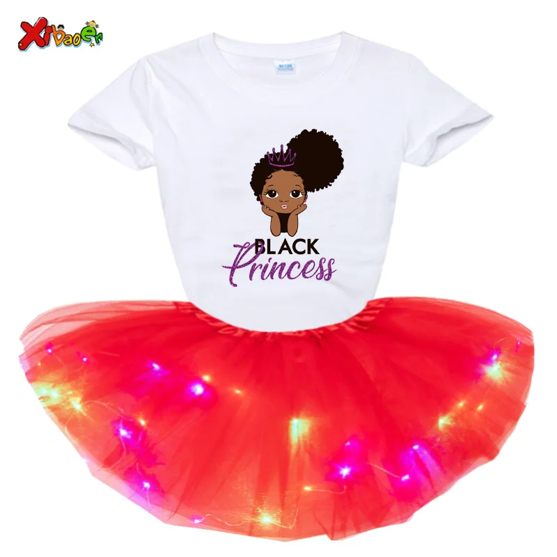 

Girls Dress Wedding Party Princess Dress Casual Kids Clothes LED Dress Baby Girls Short-sleeved T-shirt+luminous Dress 2 Pc Sets