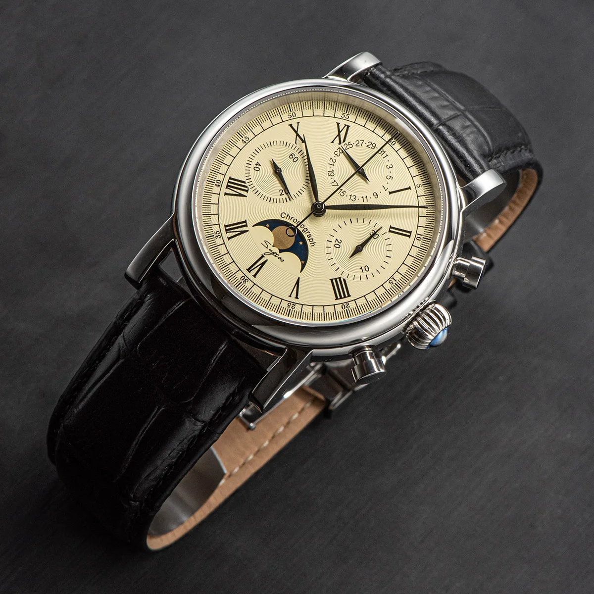 Sugess Pilot Chronograph Mechanical Watches Men Waterproof Original ST1908 Movement Moon Phase Calendar Wristwatch Swanneck 2022