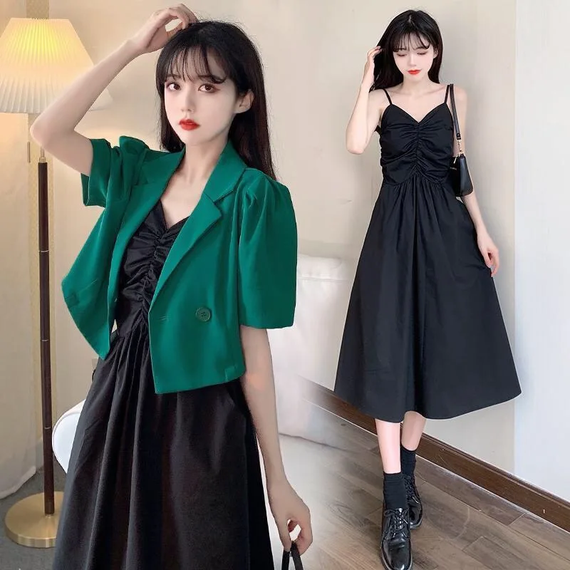 

Elegant Dress Set New Women Sexy Tank Spaghetti Strap Dresses Crop Top Summer Short Sleeve Chiffon Blazer Harajuku Vestidos XL