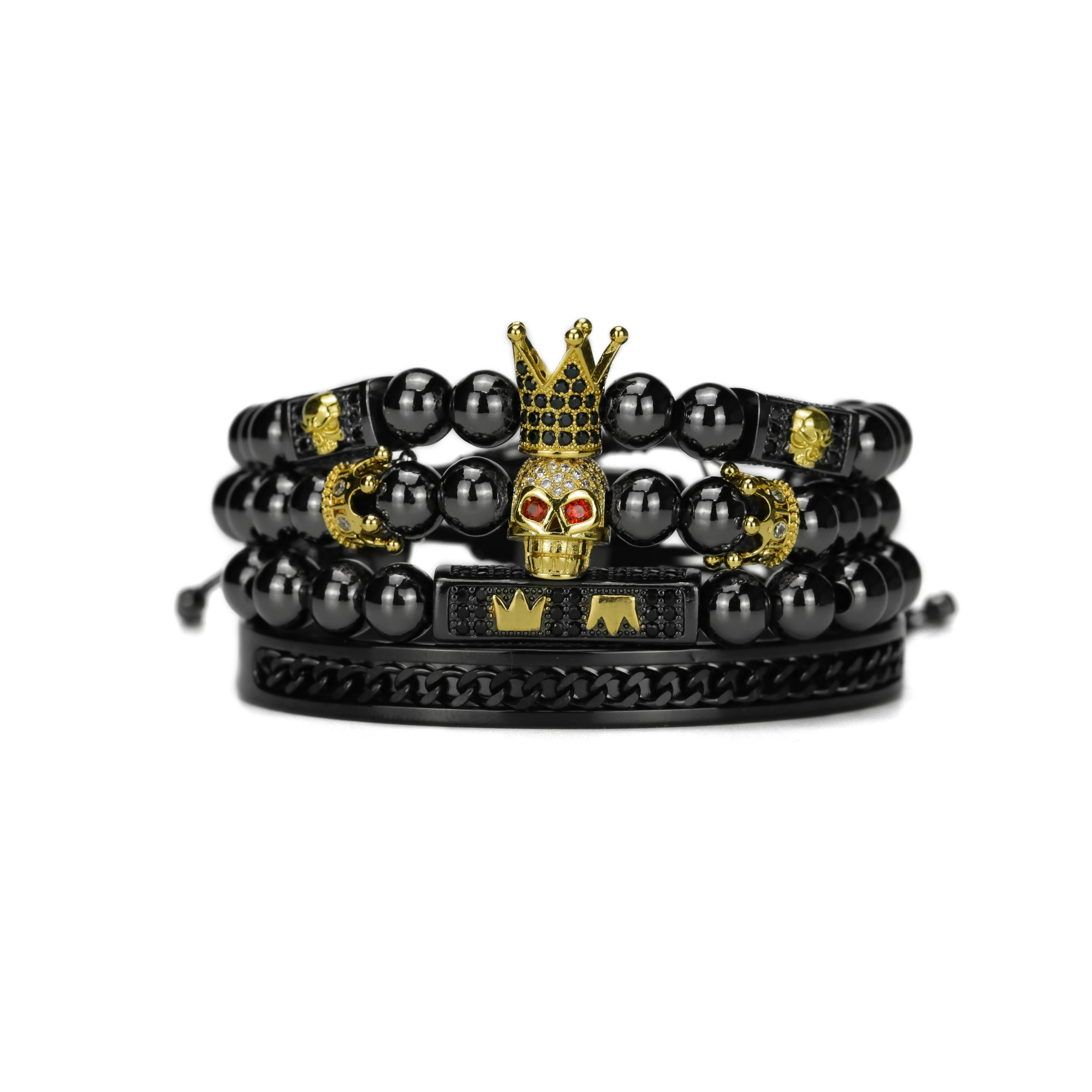 4pcs/set Luxury King Crown Skull Stainless Steel Beads Cz Charms Handmade Bracelet Set Men Bracelets & Bangles For Men Jewelry