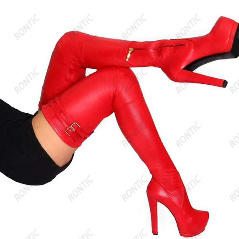 Rontic Handmade Women Winter Platform Thigh Boots Italian Style Block Heels Round Toe Black Red Pink Club Shoes US Size 5-20