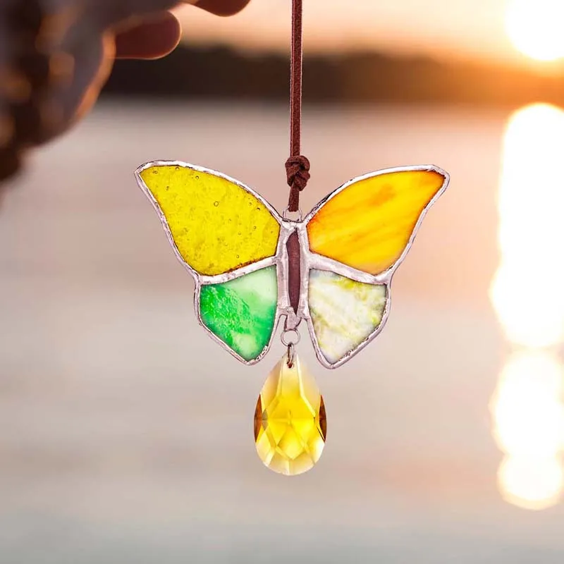 H&D Handcrafted Stained Glass Butterfly Window Panel Hanging Ornament Rainbow Crystal Suncatcher For Home Office Garden Decor