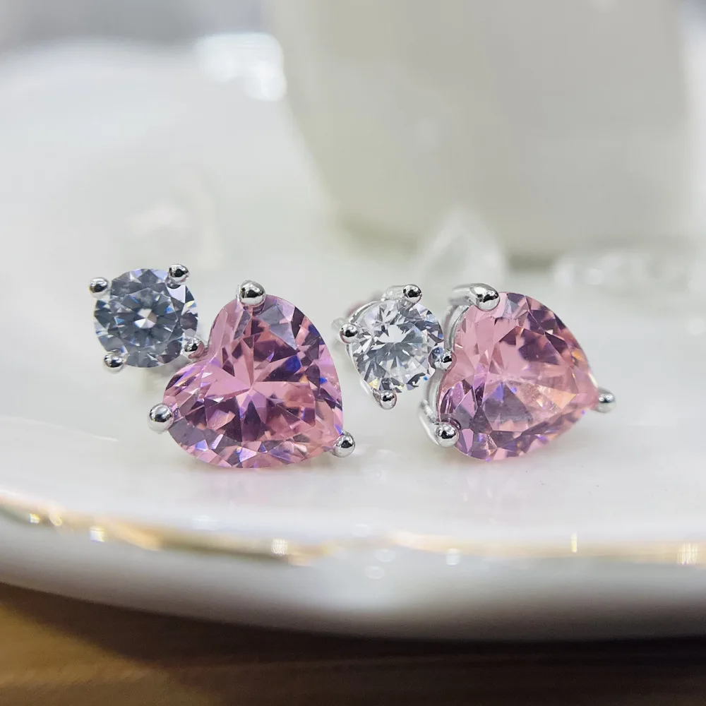 925 Sterling Silver Stud Earrings for Women Pink Heart Diamond Gemstone Earrings Romantic Wedding Engagement Gift Fine Jewelry