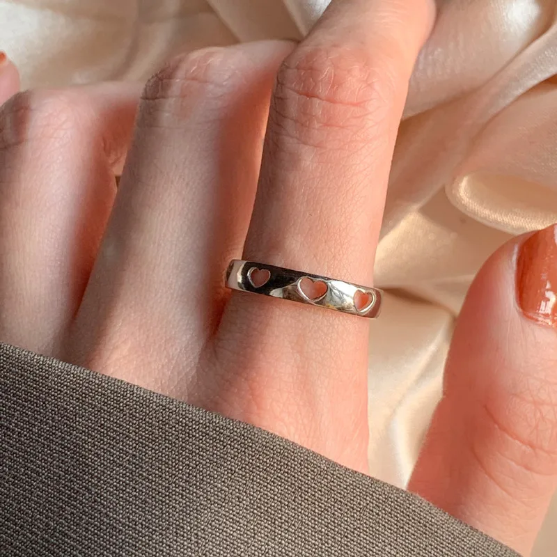 QMCOCO Open Adjustable Silver Color Rings For Women Trendy Elegant Vintage Couples Simple Hollow Out Heart-Shape Party Jewelry