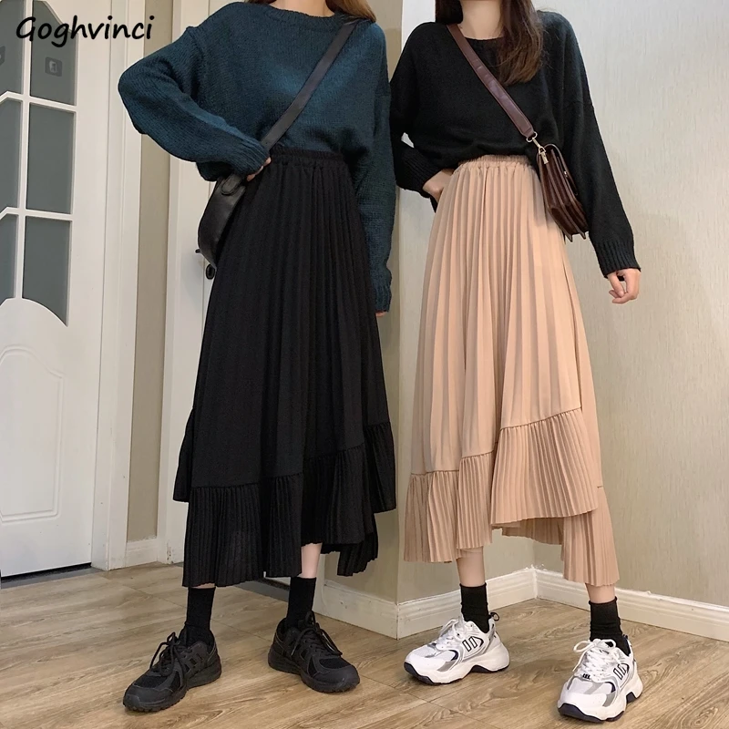 Women Skirts Elegant Autumn Pleated Ankle-length High Waist Casual College Style All-match Elastic Loose Korean Harajuku Trendy