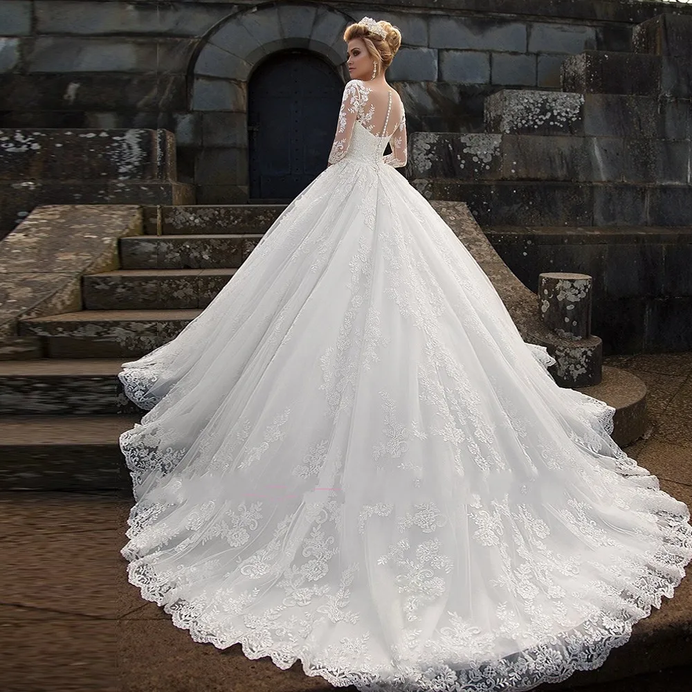 Modesto três quartos de manga vestido de baile rendas vestidos de casamento 2021 apliques vestido de noiva robe de mariee princesse de luxe