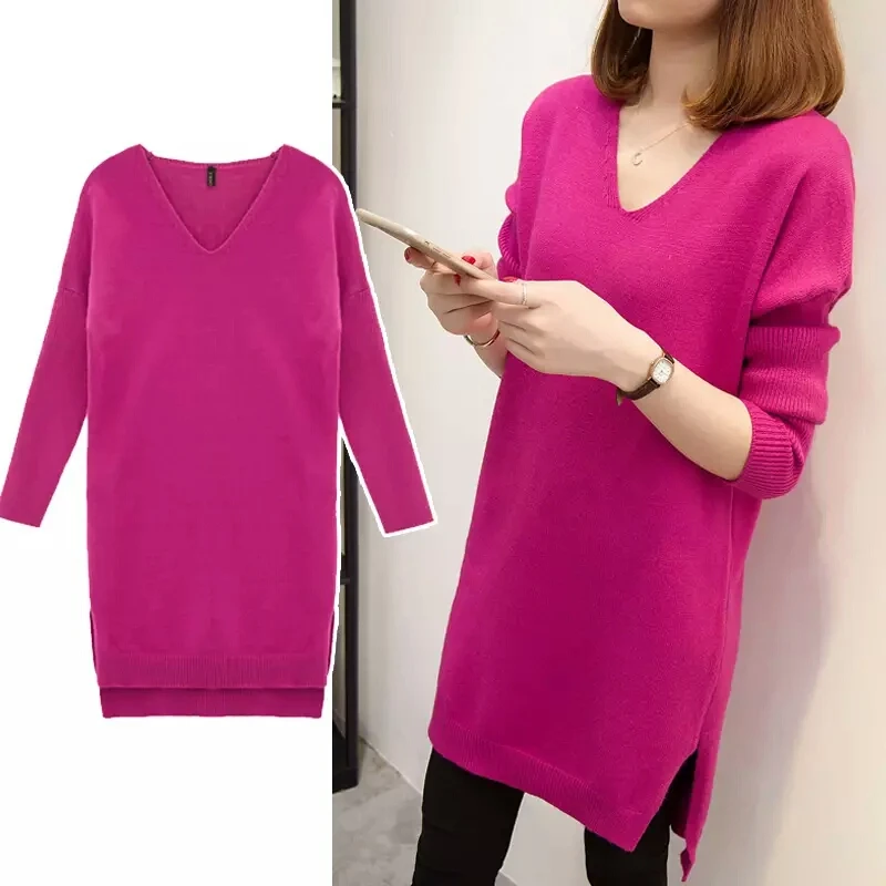 4XL Fashion Women Pullover Sweater Dress 2024 New Autumn Winter Loose V-neck Knitted Long Sweater Solid Casual Female Pullovers