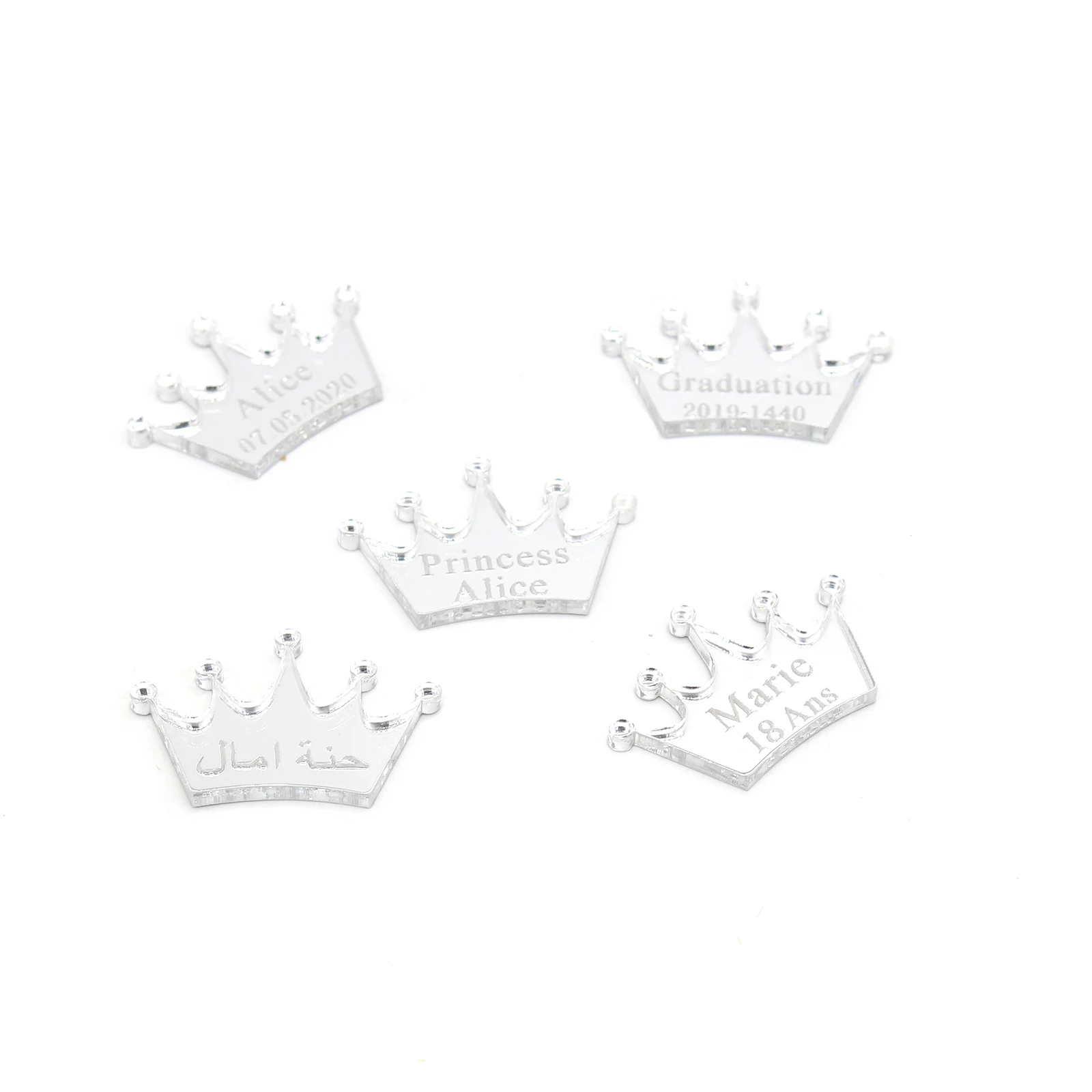 30/50/100pcs Personalized Mirror Crown Wedding Tags Table Center Decor Card Acrylic Baby Name Sign Party Favors Laser Cut Gift
