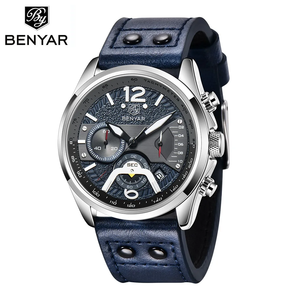 BENYAR 2021 New Men\'s Quartz WristWatches Multi-Function Sports Chronograph Clock High-end Leather Military Watch Reloj Hombre