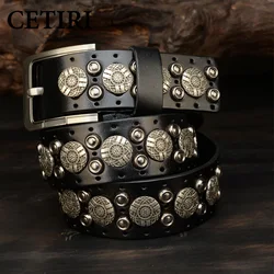 Cinturón de cuero auténtico para hombre, Correa con remaches de Metal pesado, estilo Punk Rock, 100%