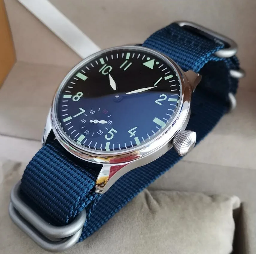 No logo Pilot manual mechanical men\'s Watch 44mm Black dial green number Blue nylon strap Seagull ST3621 movement