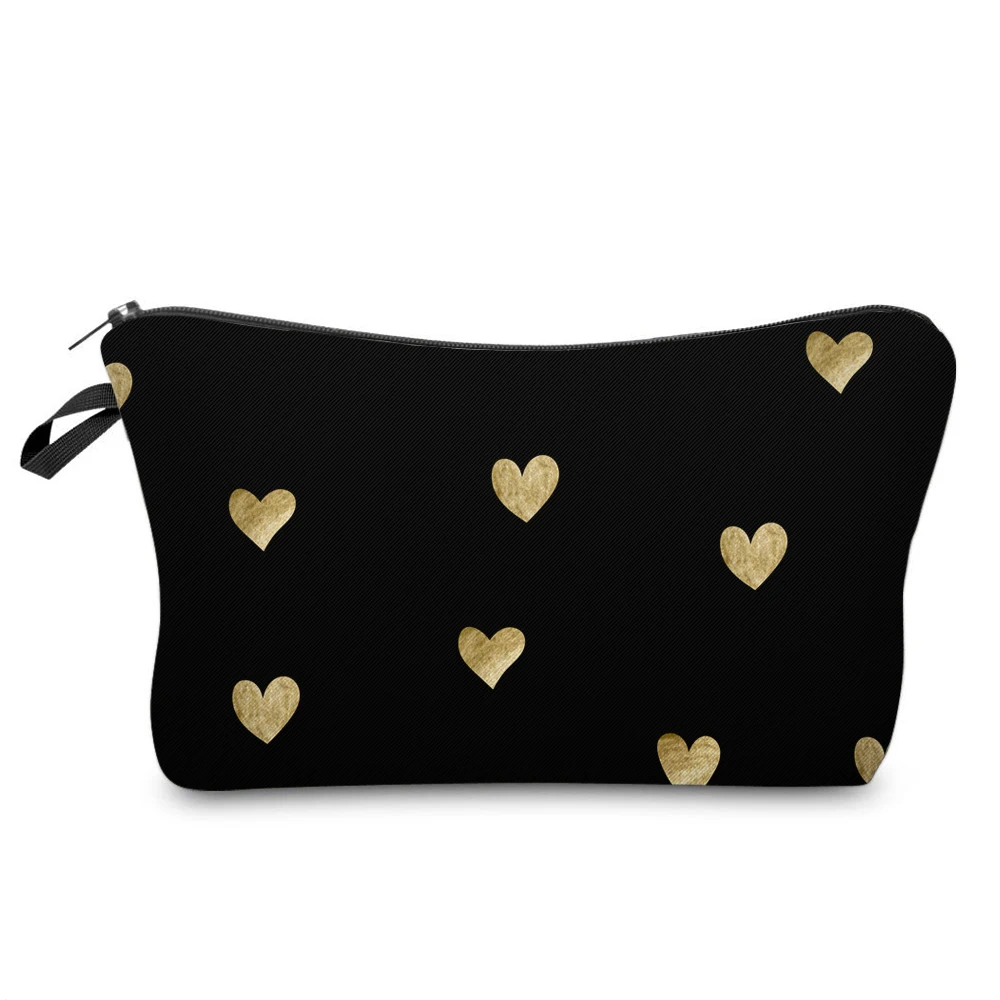 Fashion Black Printed Love Heart Cosmetics Organizer Bag Women Travel Cosmetic Makeup Bags Storage Bag for Christmas Gift