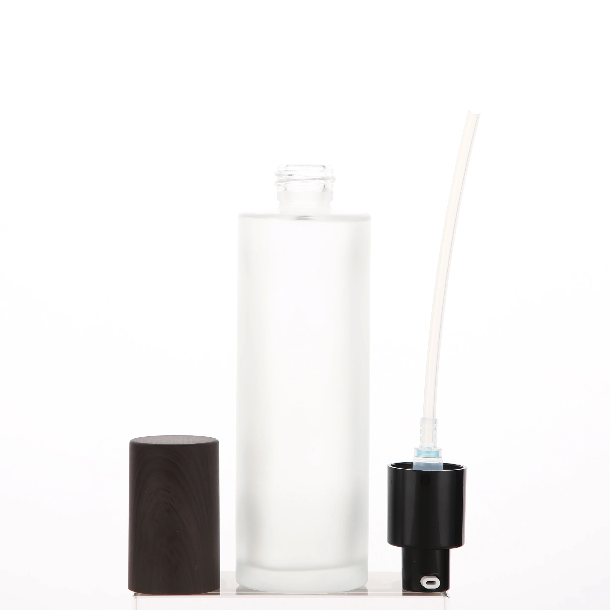 

100ml 50pcs/lot glass pump bottle with serum pump head and wooden plastic cap in black, round cosmetic pump bottle on sale