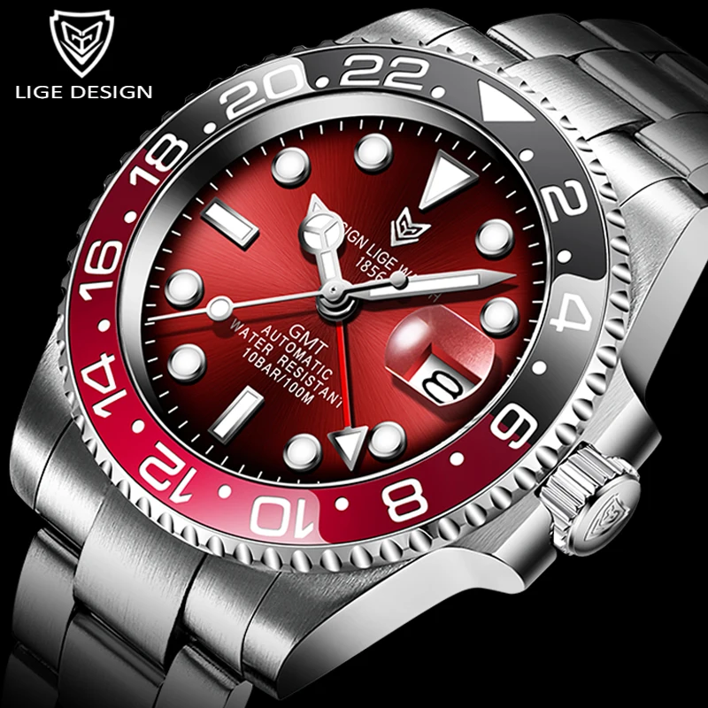 LIGE DESIGN Men GMT Automatic Mechanical Watch Ceramic Bezel 316L Stainless Steel 100ATM Waterproof Clock Sapphire Glass Watches