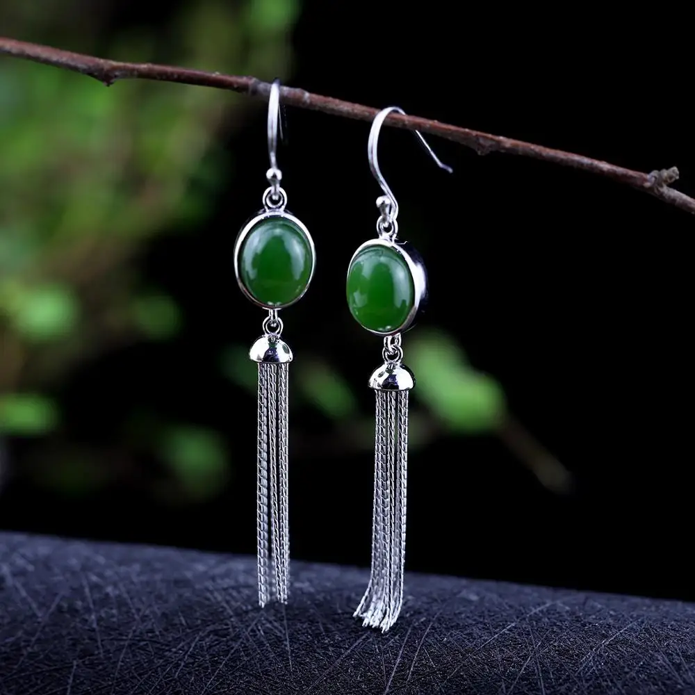 KJJEAXCMY boutique jewelry S925 Sterling Silver Jewelry Wholesale Ethnic Style Lady Fringed Hetian Jade Jasper Stone Earrings