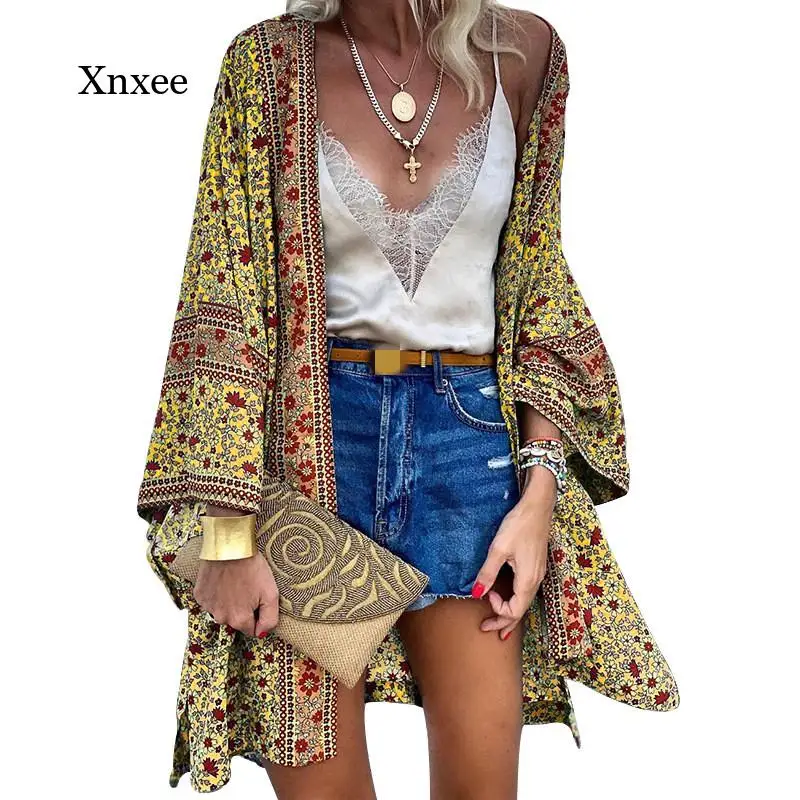 Summer Women's 2021 Long Ladies Kimono Casual Retro Ladies Crochet Chiffon Kimono Loose Floral Print Top