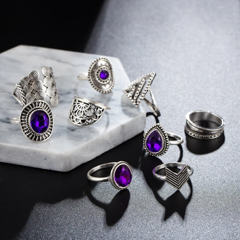 Tocona 9pcs/set Punk Silver Color Crystal Gem Stone Carved Flower Rings Set for Women Vintage Boho Gothic Jewelry Anillos 8261