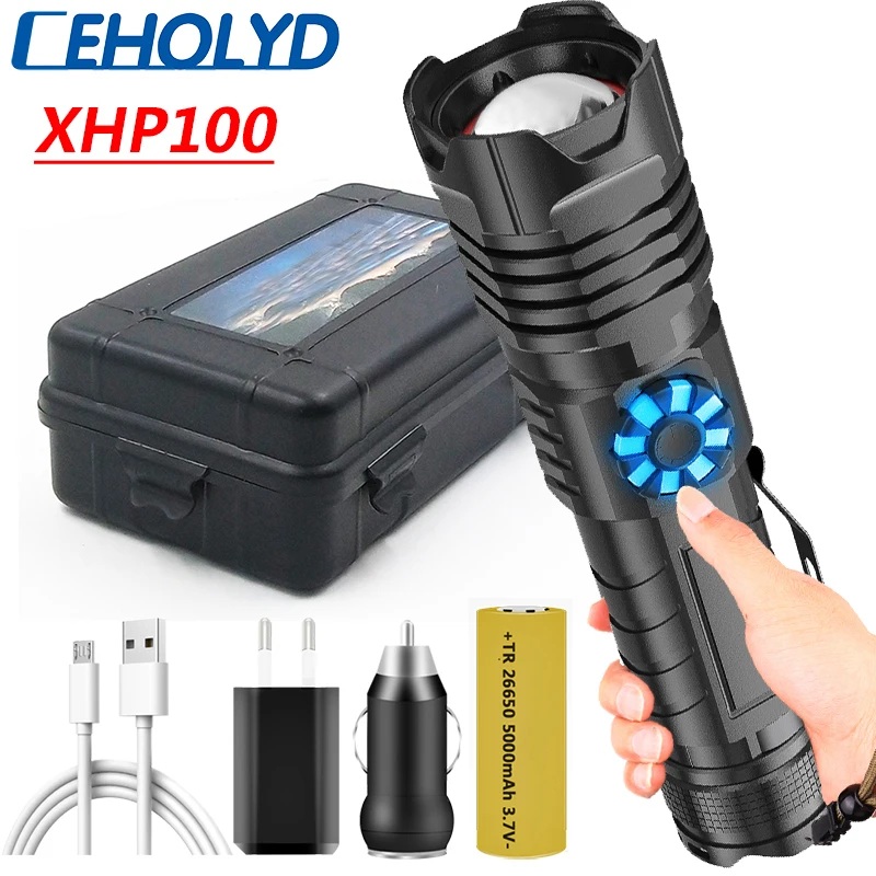 

CEHOLYD XHP100 Led Flashlight Stepless Dimming Torch Type-C USB Rechargeable 18650 26650 Battery Aluminum Zoomable Lantern