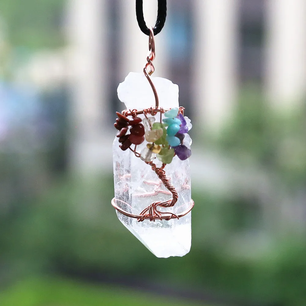 White Crystal Tree of Life Pendant Necklace Reiki Chakra Yoga Necklace Handmade Wire Wrapped Pendant with Necklace for Women Men