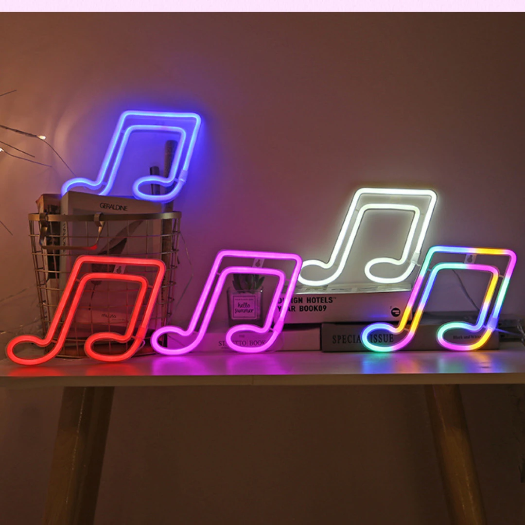 Lumière LED en néon avec Note de musique, veilleuse murale, lumière de nuit, pour Concert, chambre à coucher, batterie USB, veilleuse pour décoration de fête