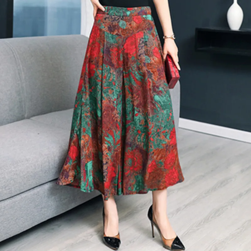 UHYTGF Fashion Summer Skirt Pants Women Elegant Mom High Waist Big Swing A-Line Thin Pants Vintage Printing Casual Trousers 1656