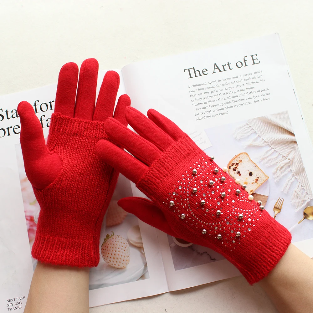 New style ladies winter warm knitted cotton gloves red fashion diamond sheath dual-use windproof and cold-proof gloves