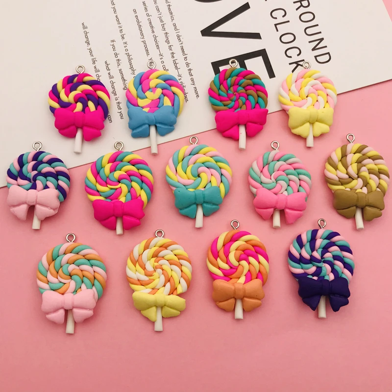 10pcs Hot Clay Cute Lollipop with Bow Charm for Earring Keychain Scrapbooking, DIY Making, Necklace