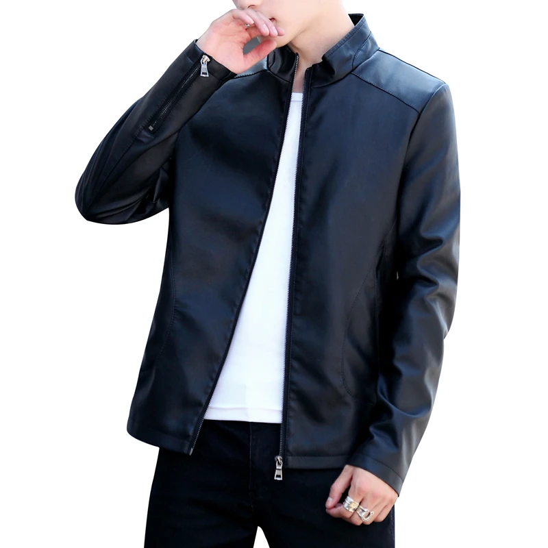 

New Solid Color Casual Men's Leather Jacket Small Fresh Simplicity Korean Version Trend Stand-Up Collar Youth Spring And Autumn