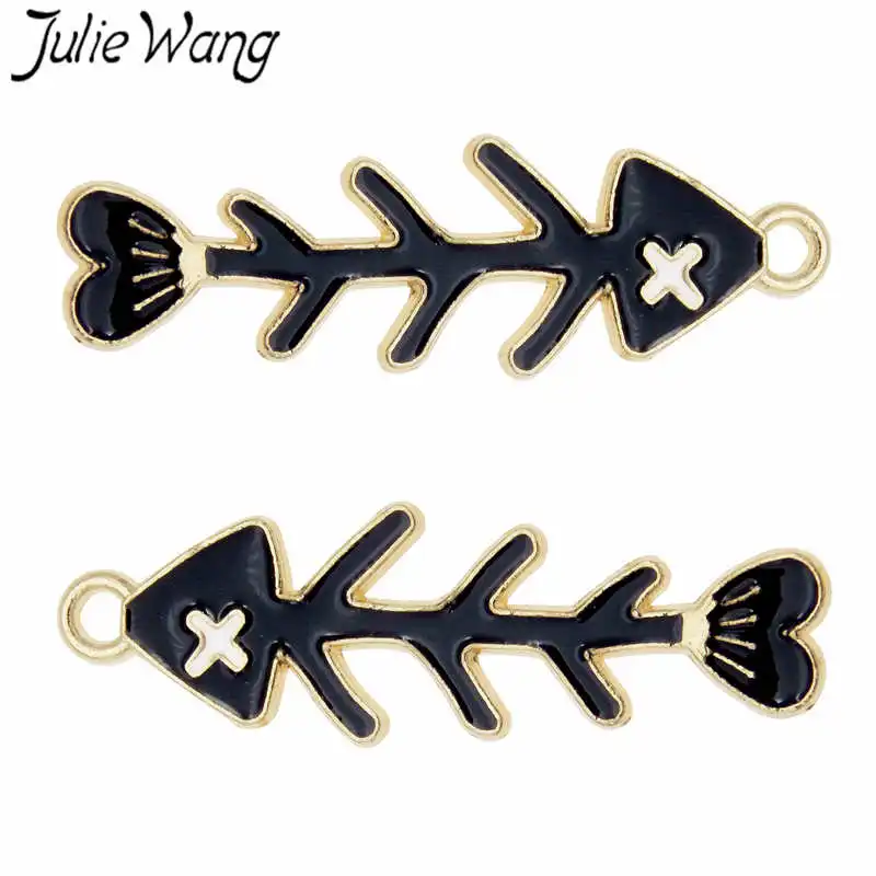 Julie Wang 8PCS Enamel Fish Bone Charm Alloy Fishbone Necklace Bracelet Earring Findings Jewelry Making Accessory