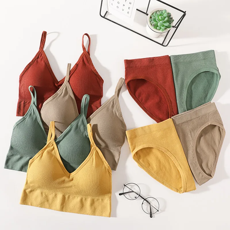 Conjunto de sujetador y bragas para mujer, Bralette recortado sin costuras, Top corto con espalda baja, lencería Sexy, sujetador de realce, conjunto