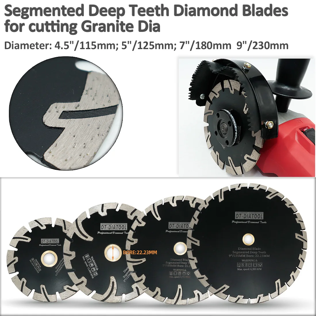 DT-DIATOOL 5pcs/set Deep Teeth Diamond Disc Saw Blades Cutting Wheel for Granite Stone Concrete Cutter Dia 4.5"/5"/7"/9"