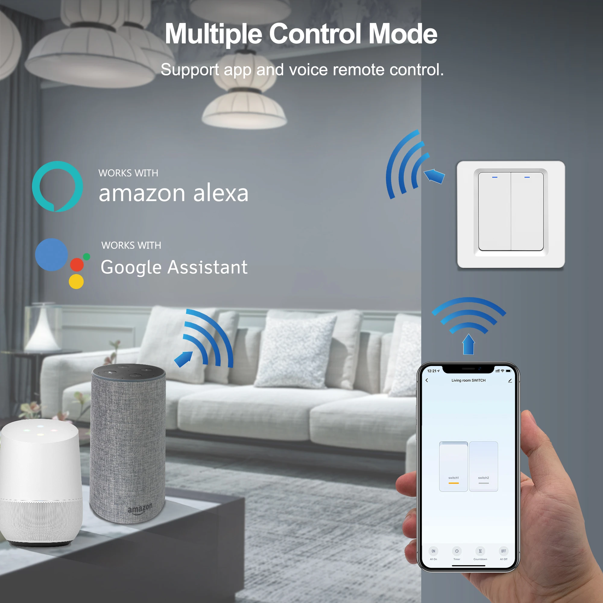 Tuya Wifi Smart Light Switch EU, Push Button Panel Wall Switch 100-240V 1/2/3 Gang, Work with Alexa Google Home Smart Life App