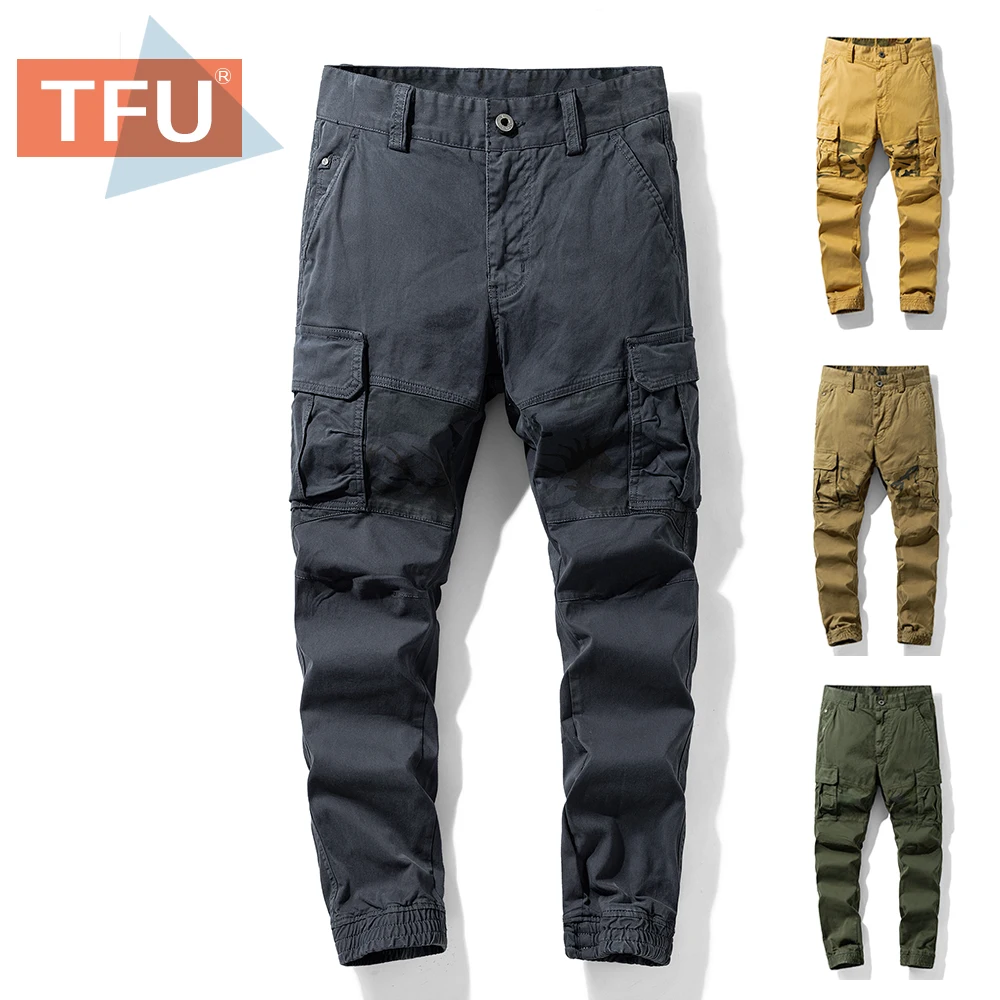 

TFU 2020 Autumn Men Twill Pockets Long Cargo Pants Trousers Men Casual Fashion Washed 100% Cotton Vintage Streetwear Pants Men