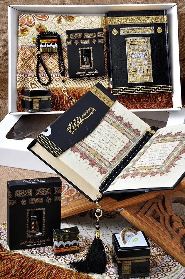 Eid Mubarak Hajj Umrah Mevlid Set 50-Quran-Seccade-Seccade-Essential-Rosary Box Gift Yasin prayer carpet rosary set