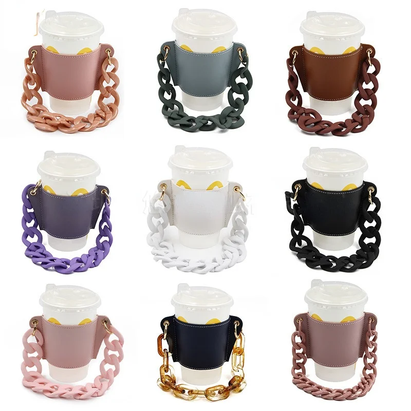 

350ml Chain Portable Coffee Cup Holder Hanging Portable Cup Paper Cup Leather Case Milk Tea Beverage Cup Bag