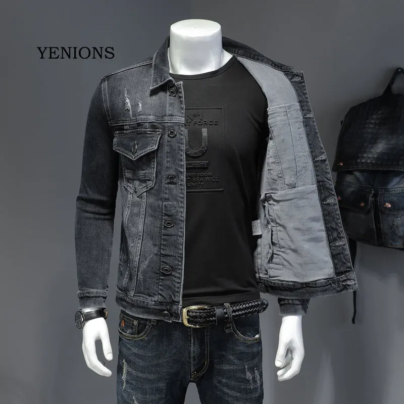 Jaqueta jeans masculina de primavera, azul, cinza, algodão, gola aberta, manga comprida, roupa fina, motocicleta, casaco jeans de marca masculina