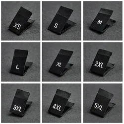 500Pcs Clothing Size Label WhiteText Black Garment Clothes T Shirt Dress Cloth Fabric Label Tag XS S M L XL 2XL 3XL 4XL 34*12mm