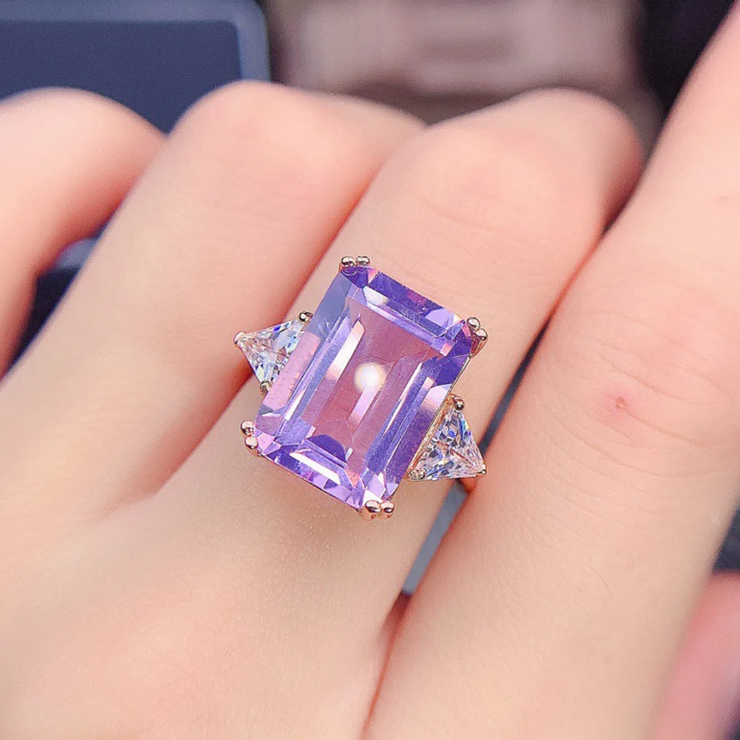 

Emerald Cut 10x14mm Lavender Amethyst Ring Natural Quartz Sterling Silver 925 Women Engagement Wedding Rings